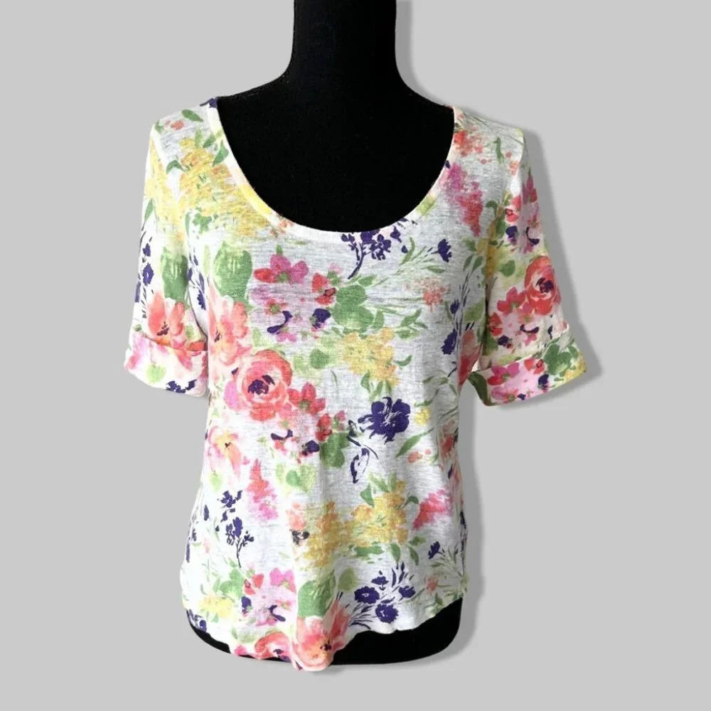 Ralph Lauren Pure Linen Floral Print Short Sleeve Blouse